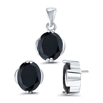 Jewelry Set Pendant Earring Oval Simulated Black Cubic Zirconia 925 Sterling Silver
